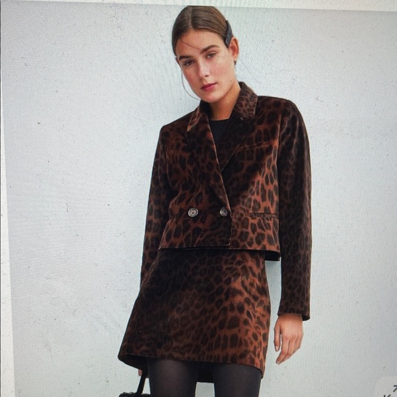 Zara Jackets & Blazers - Zara 2 pc size S small Brown Leopard Animal Print Cropped Blazer & Mini Skirt